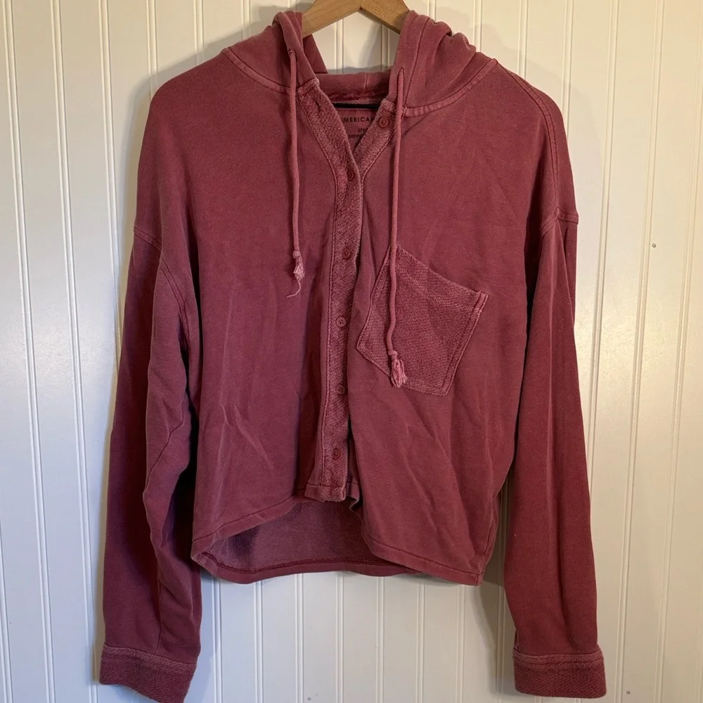 American Eagle Cropped Oversized Button-Up Hoodie Faded Pink/Red Size Large - Picture 1 of 11